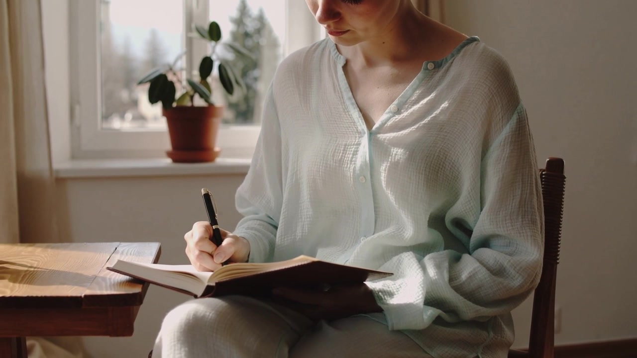 Skrivende kvinne i pastellfarget bluse med notatbok på fanget, skriver jevnt ved vinduet med penn.