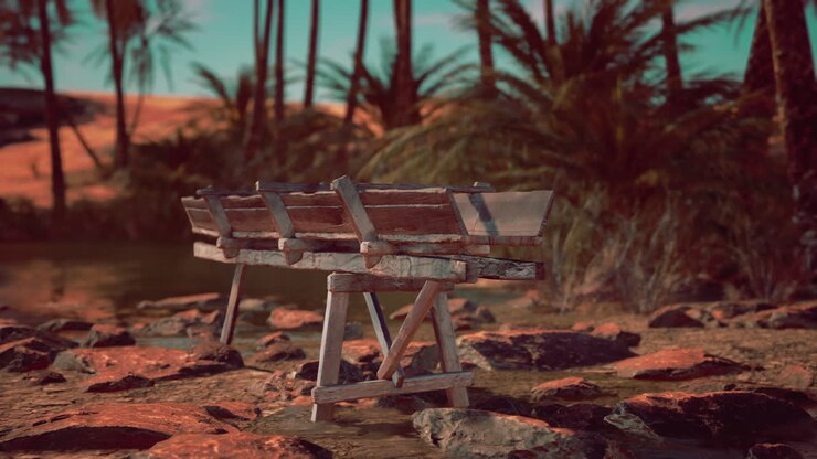 Wooden Bench in a Desert Oasis