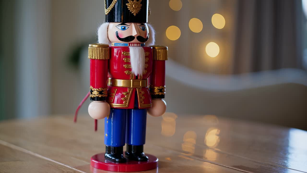 Close-up video shot of a classic nutcracker soldier figurine on a wooden table, with a soft-focus