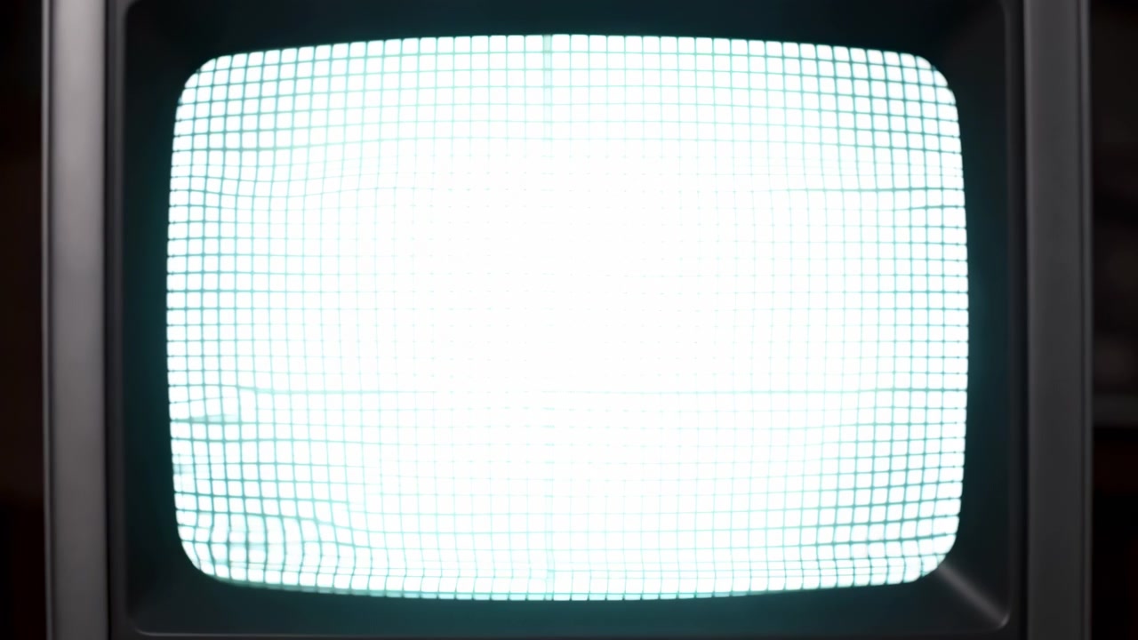 Centered retro CRT television with a bright white blank screen and visible grid pattern, surrounded by a dark casing in a dim indoor setting