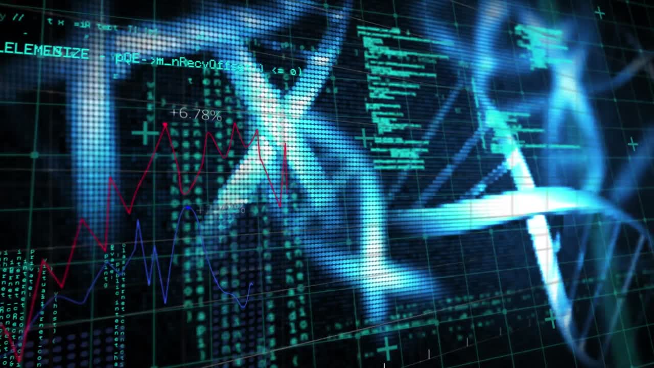 Animation of dna strands spinning and medical data processing