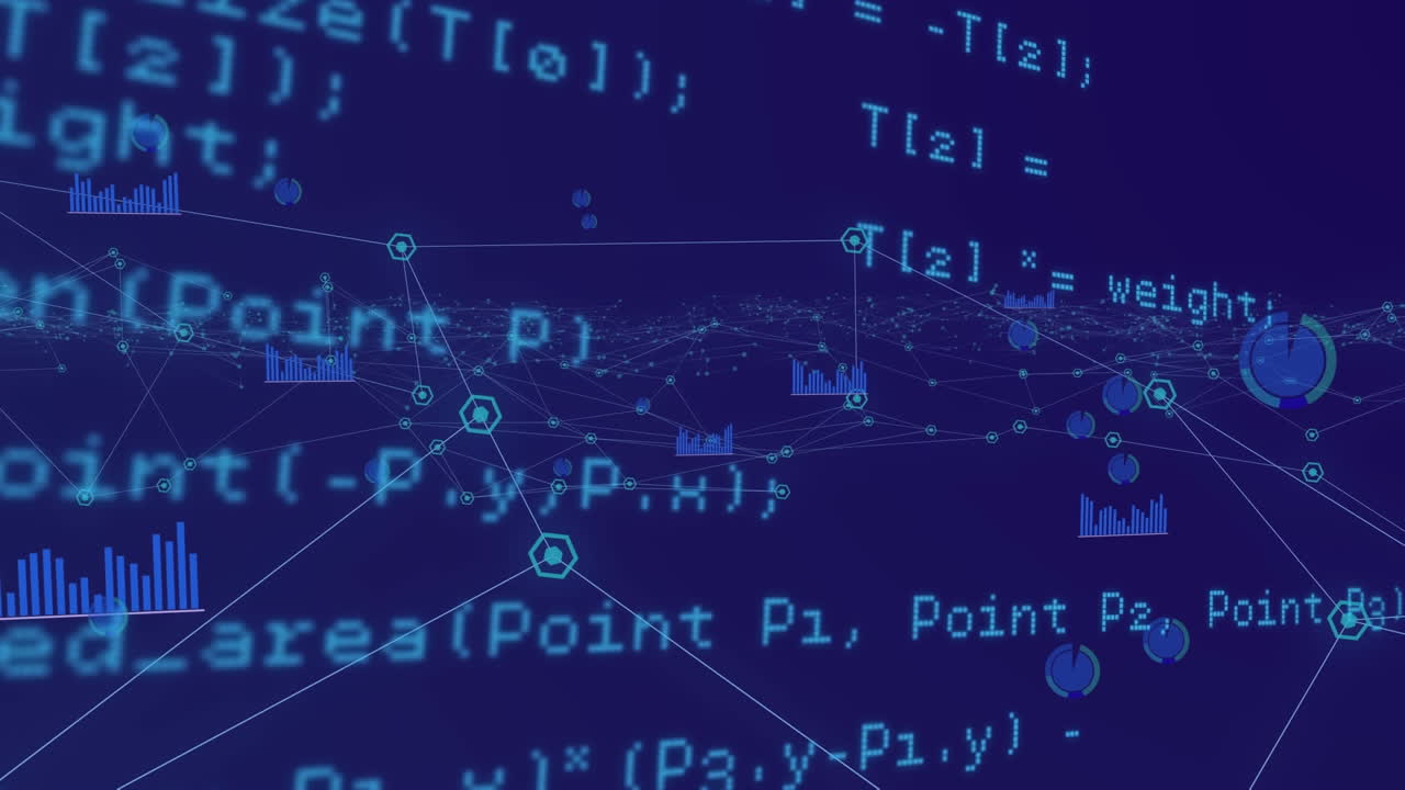 파란색 배경에 대한 연결 네트워크를 통해 데이터 처리의 디지털 애니메이션