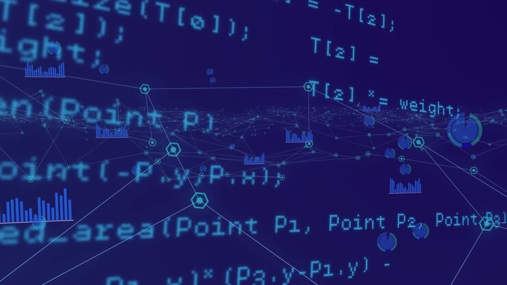 Digital animation of data processing over network of connections against blue background