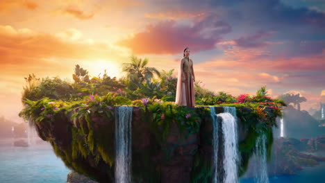 a woman stands on a lush floating island with waterfalls overlooking a fantastical landscape at sunset