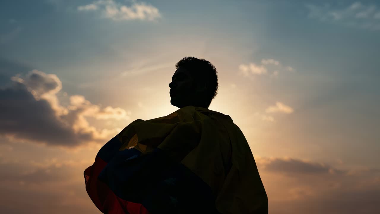 Standing silhouetted adult male watching sunset at open field, breeze lifting tricolored flag