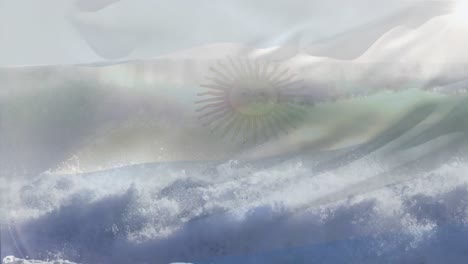 animation of flag of argentina blowing over waves in sea