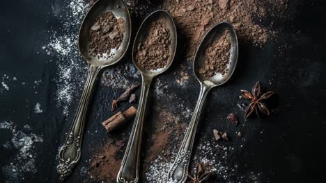 vintage spoons filled with chocolate powder and spices