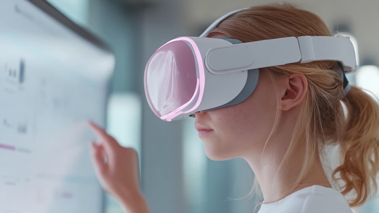 Immersive Virtual Reality Experience: A Close-Up View of a Person Interacting with Data Visualization Through Advanced VR Headset Technology