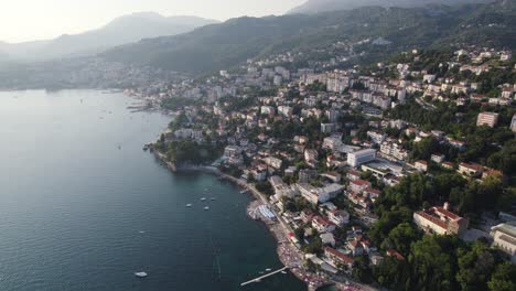 beautiful european coast city herceg novi, montenegro, aerial establisher sunset