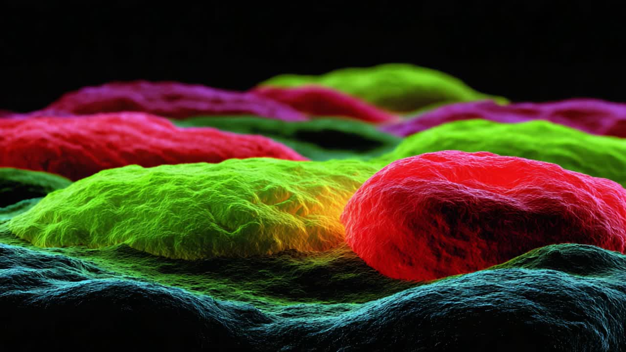 Captivating Microscopic View of Vibrantly Colored Cells Highlighting Complex Structures and Interactions on a Cellular Surface