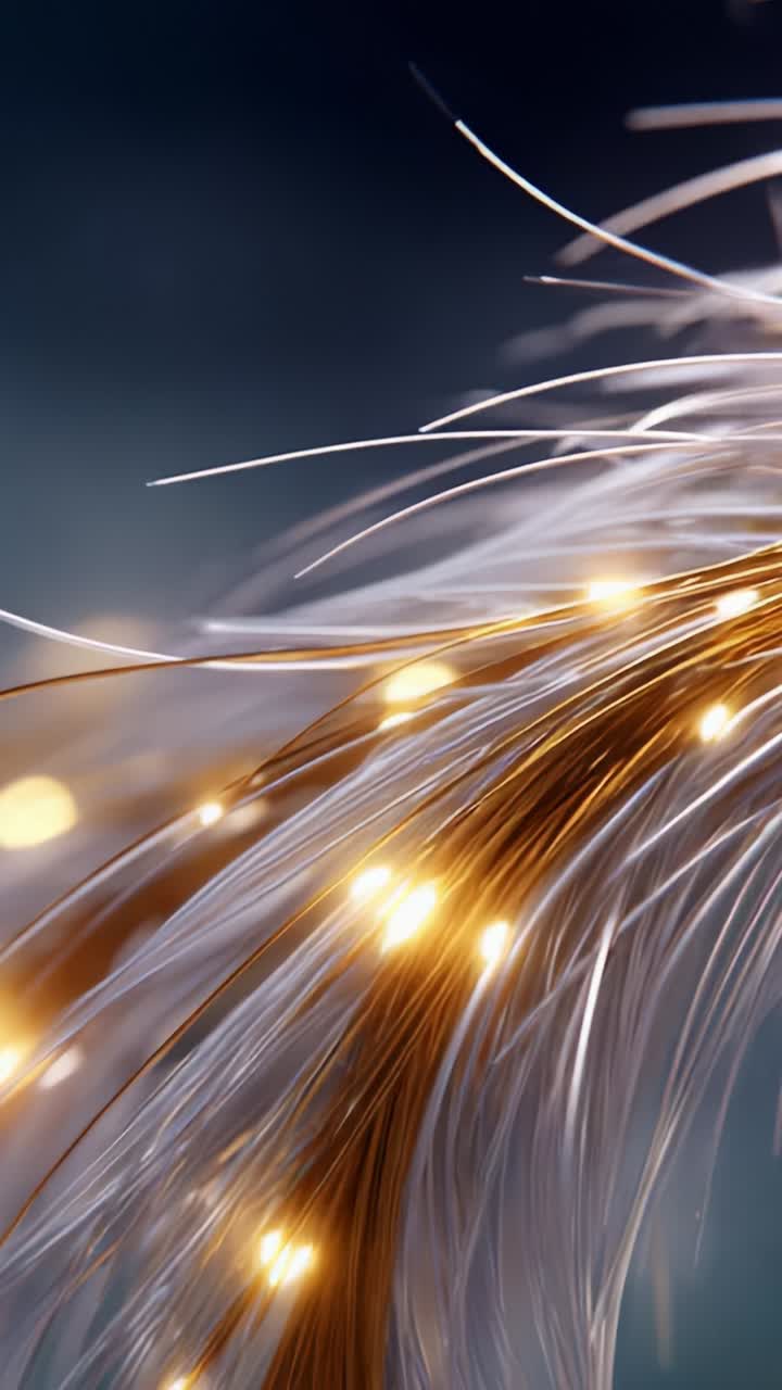Uma linda exibição de luz e textura, apresentando filamentos delicados de fibra óptica iluminados por um bokeh dourado e brilhante em um plano de fundo dos sonhos