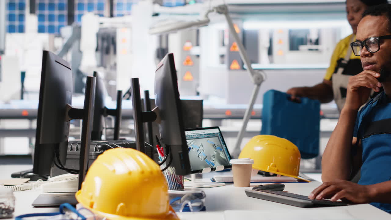 Vertical Video African american industrial technician assesses system health in solar facility