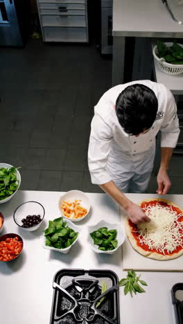 chef preparing a pizza in a professional kitchen