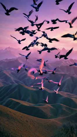 birds soaring above colorful mountains at sunrise/sunset
