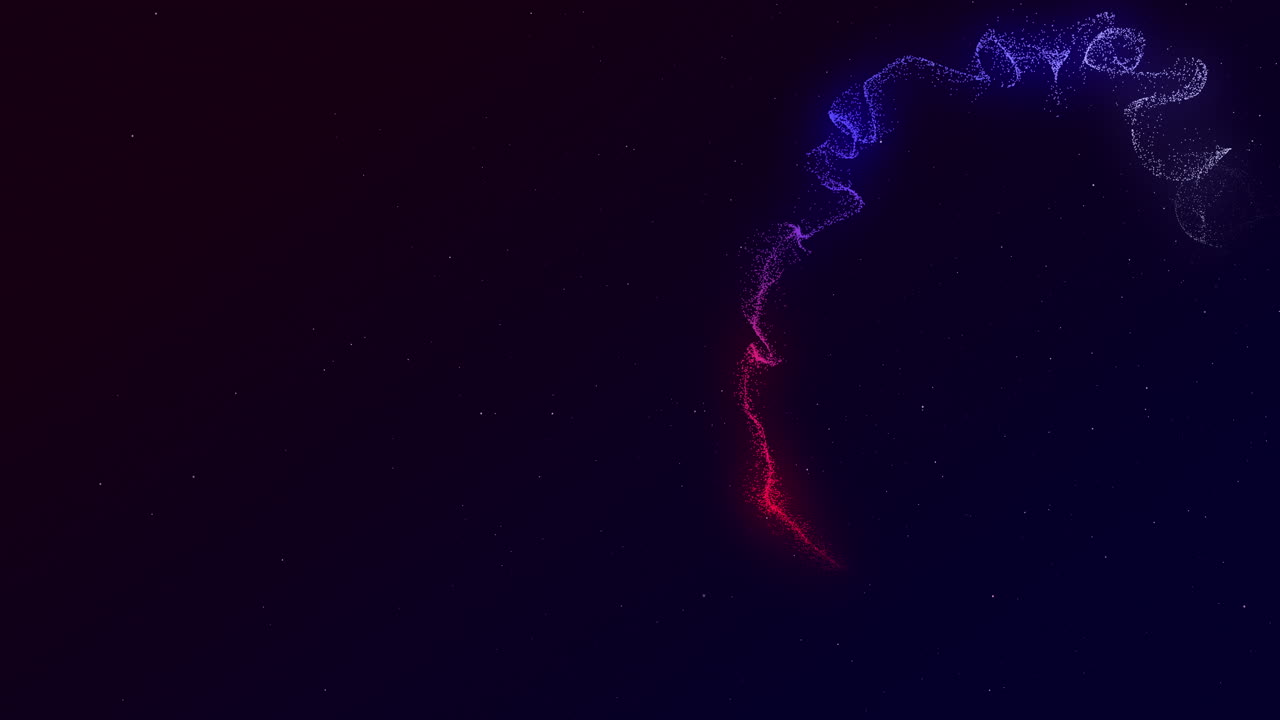 Twisting light trail of glowing red and blue moving rapidly across a black background