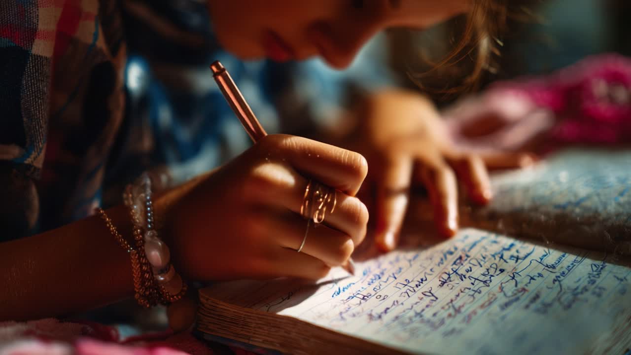 A Young Writer Immersed in Creation, Capturing Thoughts in a Journal with Delicate Hands and a Focused Expression, Surrounded by a Cozy Atmosphere and Soft Lighting