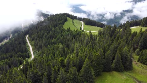 slow drone ride over dreamlike serpentine road through coniferous forest in the austrian alps