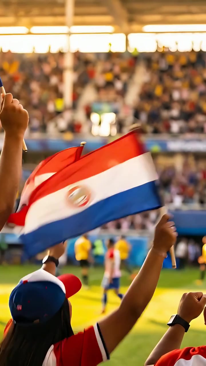 Vídeo vertical: Torcedores com camisas vermelhas acenando, segurando bandeiras, torcendo no estádio, reagindo ao jogo ao vivo.
