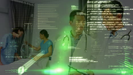 green spots of light and data processing over two caucasian male doctors discussing at hospital