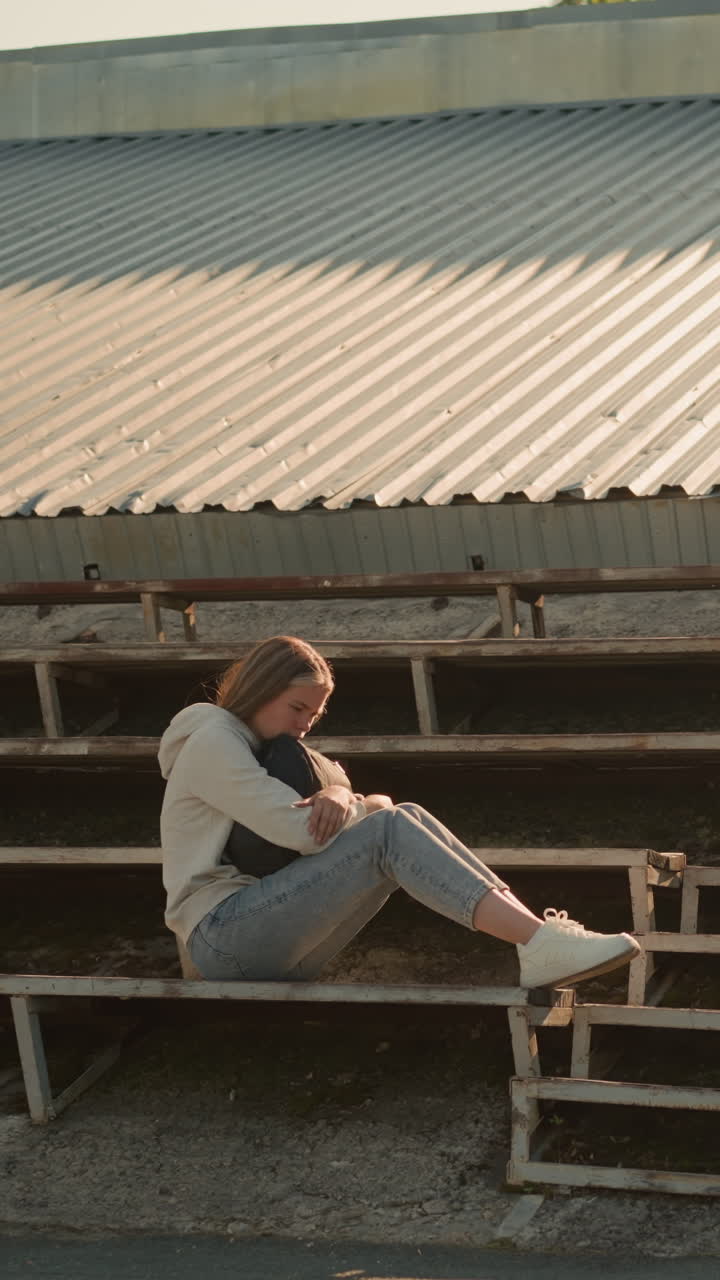 한 여성이 홀로 경기장 관중석에 앉아 생각 많은 자세로 손에 가방을 들고, 경기장 문 거울은 금속 지붕과 주변의 자연 초록색을 반영하고 있습니다.