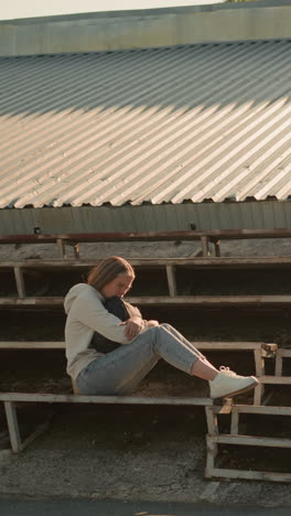 mujer sentada sola en las gradas del estadio en una postura pensativa, manos sosteniendo una bolsa, espejo de la puerta del estadio que refleja el fondo con techo de metal y vegetación natural alrededor