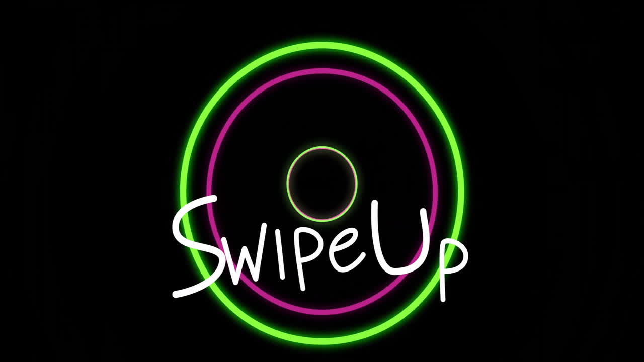 Animation of neon circles with Swipe Up text on black background