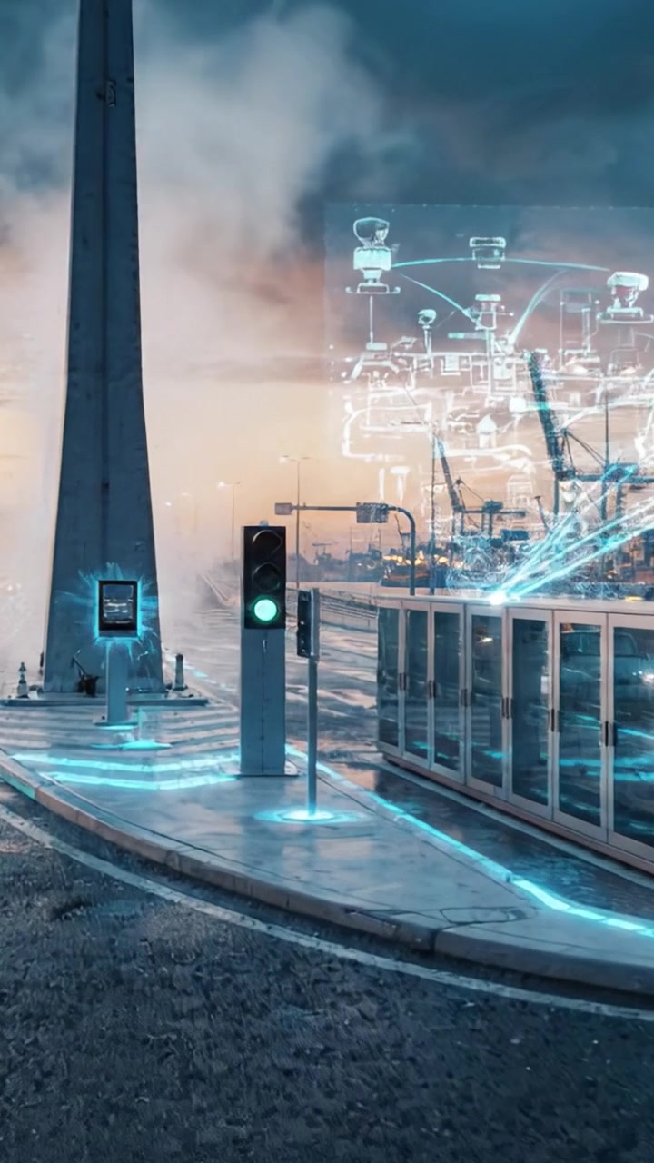 Un paesaggio urbano dinamico con un sistema di semafori futuristico e sovrapposizioni tecnologiche vicino a un porto trafficato al tramonto, che mostra infrastrutture di trasporto avanzate.