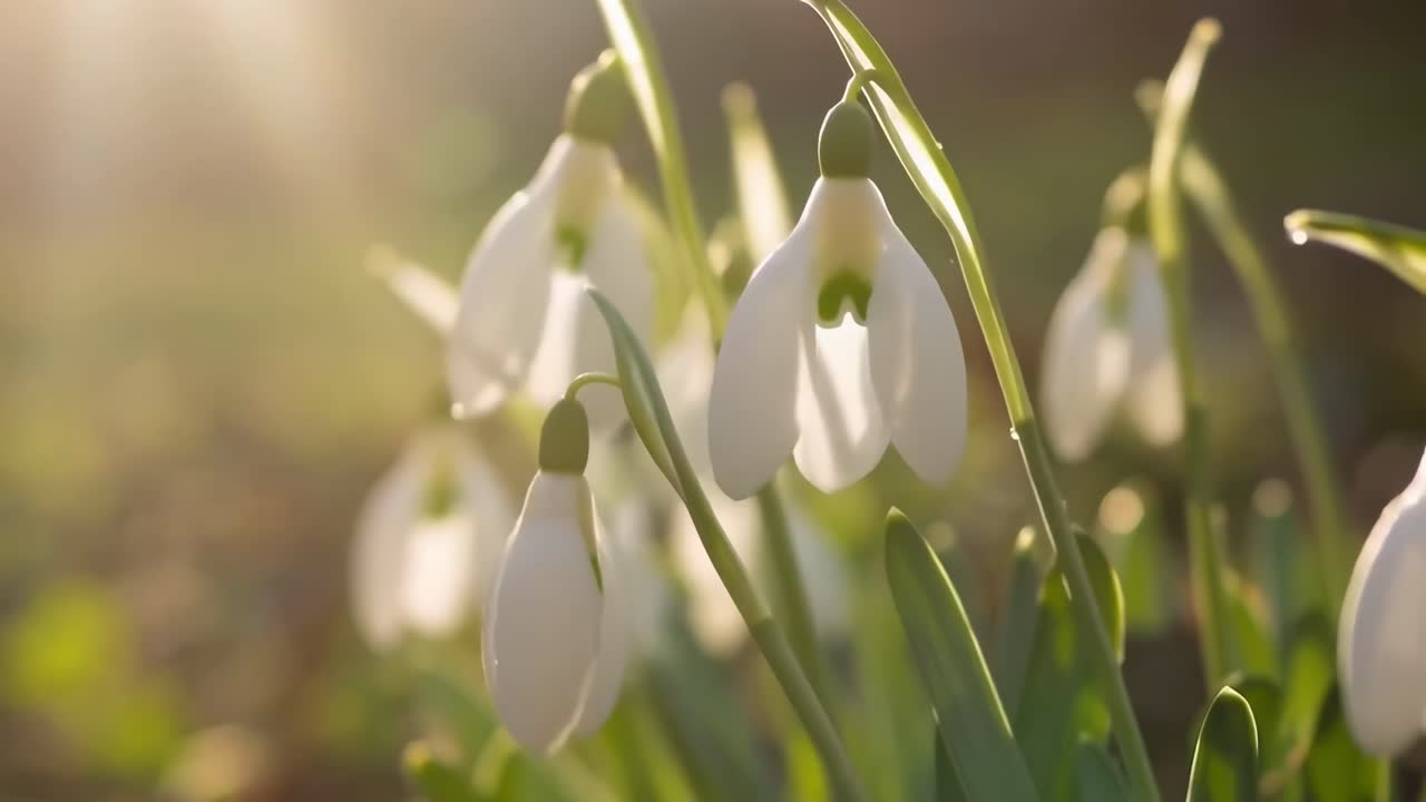 Video ravvicinato di bucaneve sotto una luce solare soffusa, che cattura i delicati petali da un angolo basso