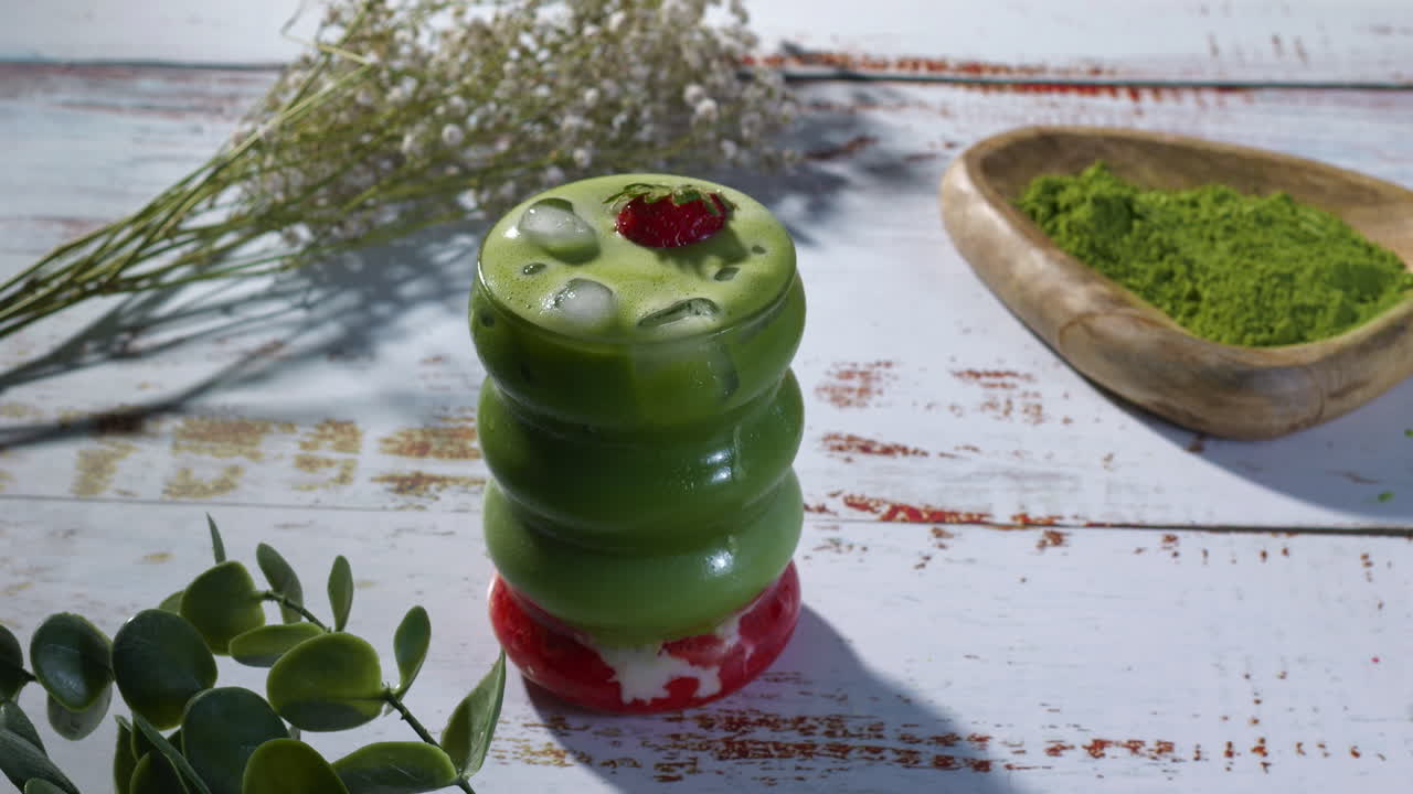 styled hand places uniquely shaped glass filled with layered iced matcha and strawberry latte on a rustic wooden table, next to a wooden bowl of matcha powder and fresh greenery. Commercial or Content