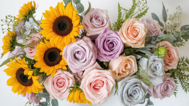 Floral bouquet of sunflowers and roses