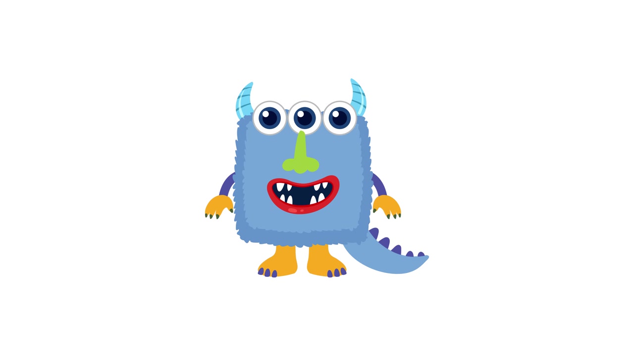 A cheerful blue monster appears and disassembles in a vibrant, dynamic sequence with colorful backgrounds and playful transitions