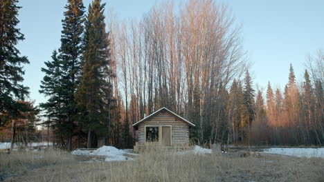 wide shot of perfect log cabin surrounded by trees at sunrise