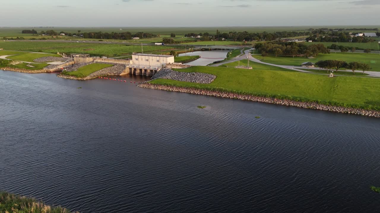 aerial turning to show Pump Station S-3. Water Management District, Lake Okeechobee, Florida