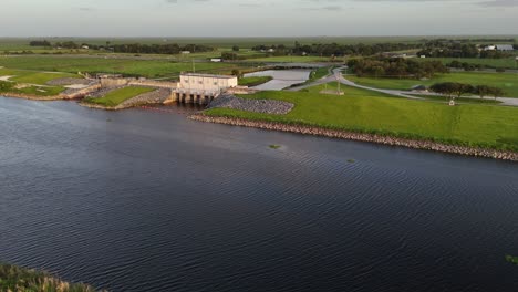 aerial turning to show pump station s-3. water management district, lake okeechobee, florida