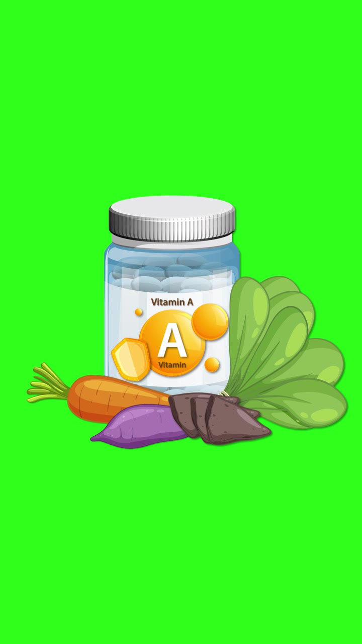 Illustrazione animata di un integratore di Vitamina A e delle sue fonti alimentari.