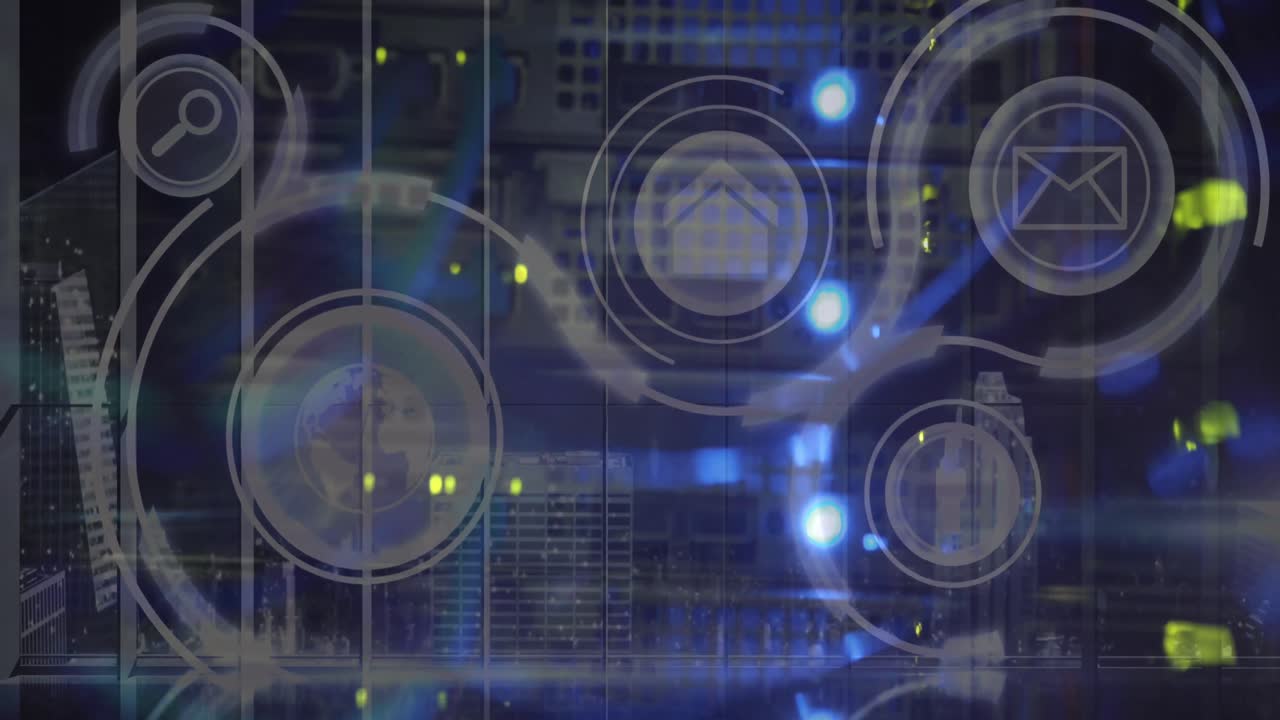 animación de iconos tecnológicos en círculos sobre un paisaje urbano