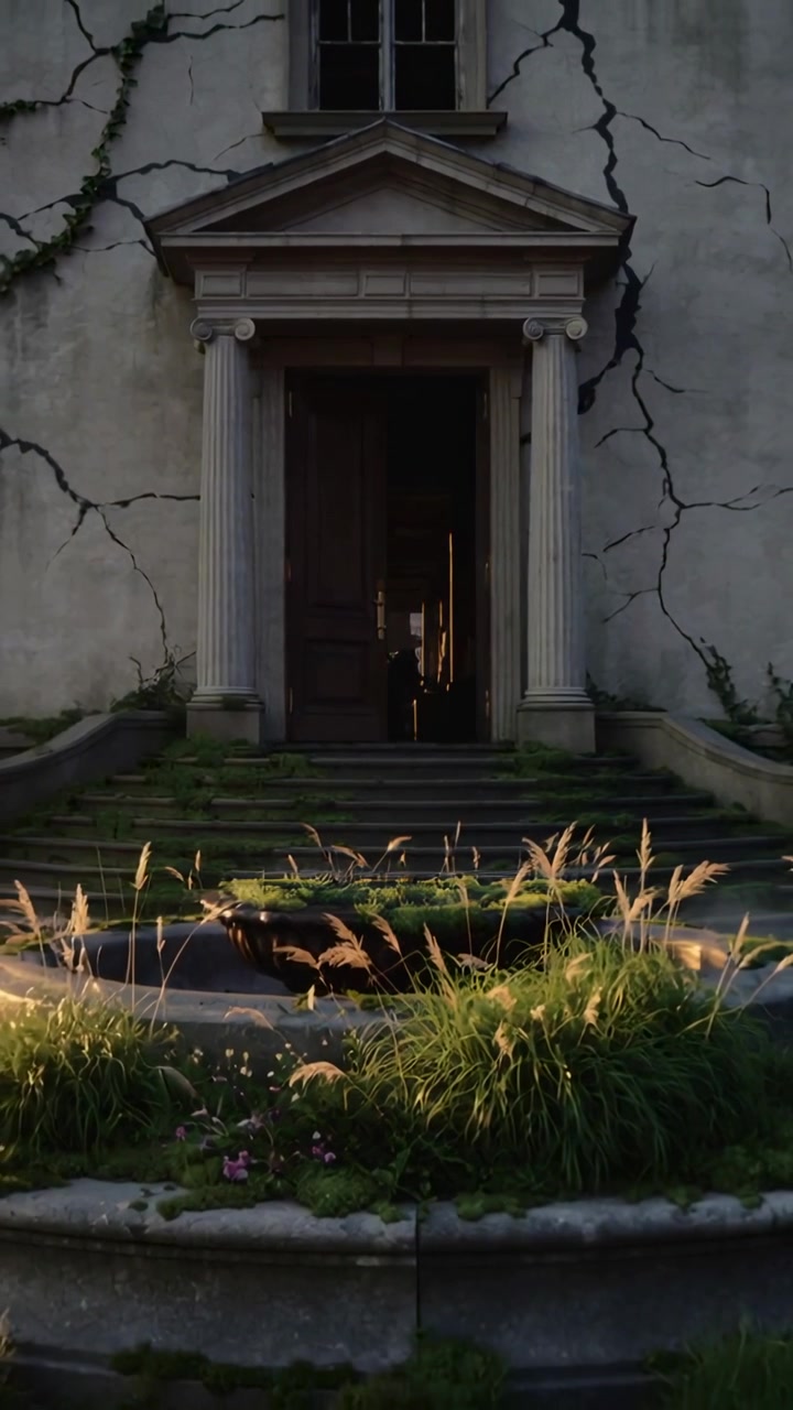 Vertical video: Responding to warm light and breeze, manor entrance and basin revealing mossy steps