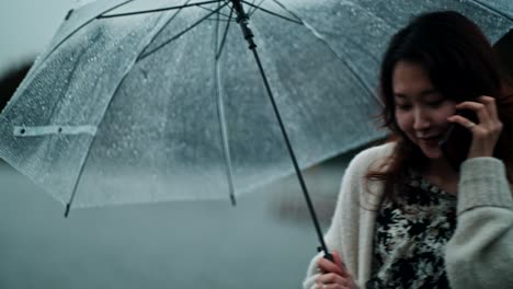 woman on a rainy day by the lake