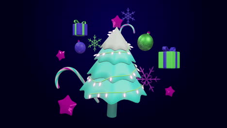 animation of spinning christmas tree and decorations on black background