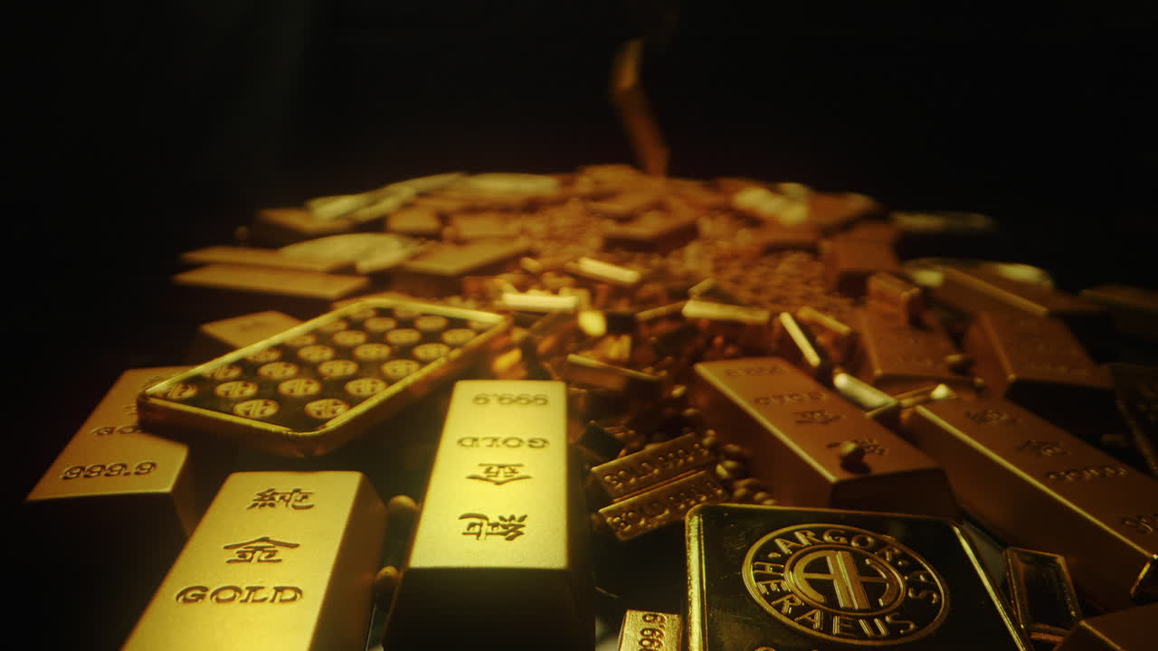 gold ingot falling from sky in to treasure stored in bank safe deposit wealth success financial freedom investment