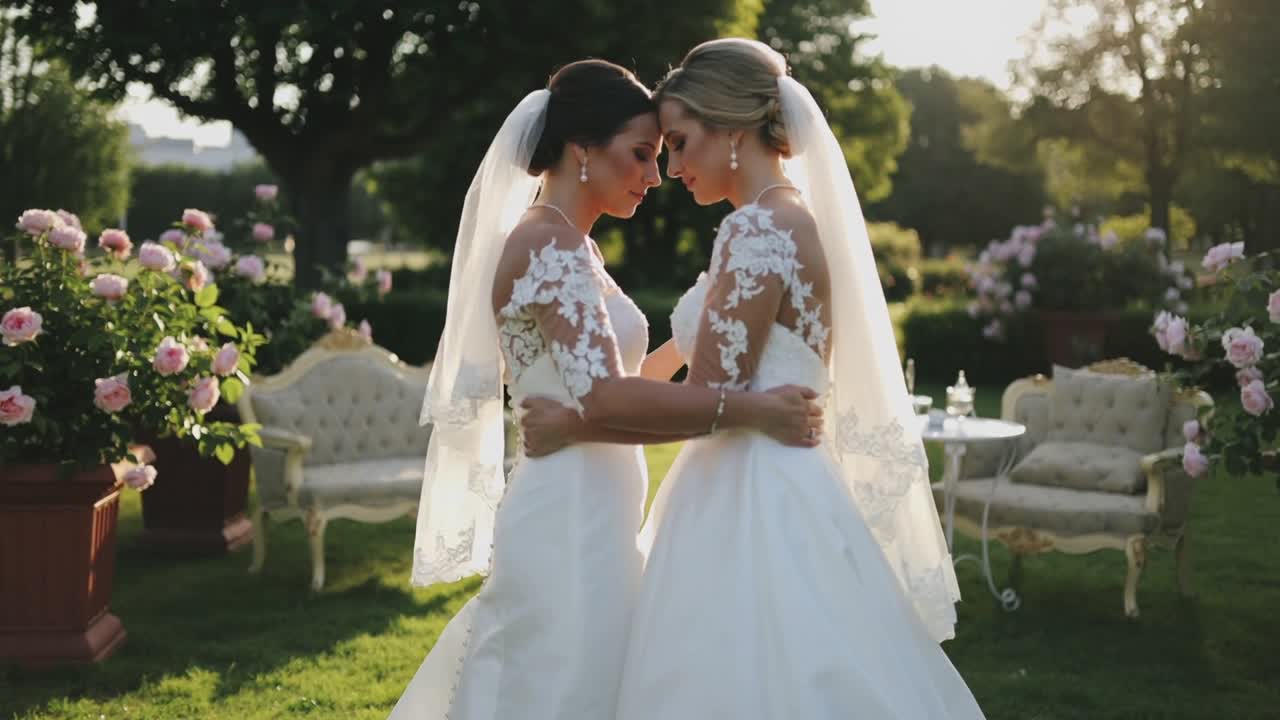 Embracing two brides coming together, leaning foreheads on garden, marking wedding in lace gowns