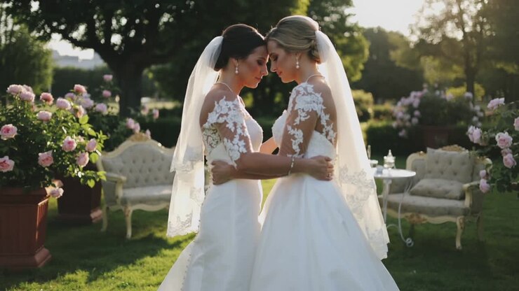 Embracing two brides coming together, leaning foreheads on garden, marking wedding in lace gowns
