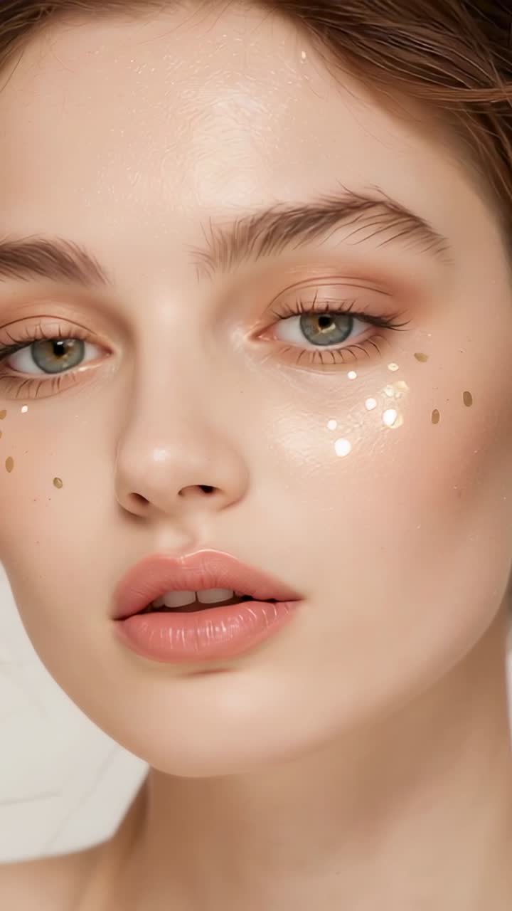Video verticale: la camera zooma su una modella in posa delicata in studio, che mostra un trucco con paillettes dorate