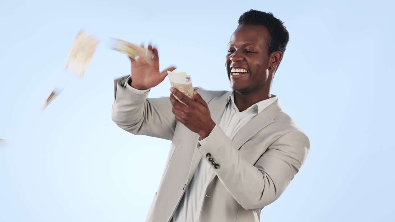Happy black man, money rain