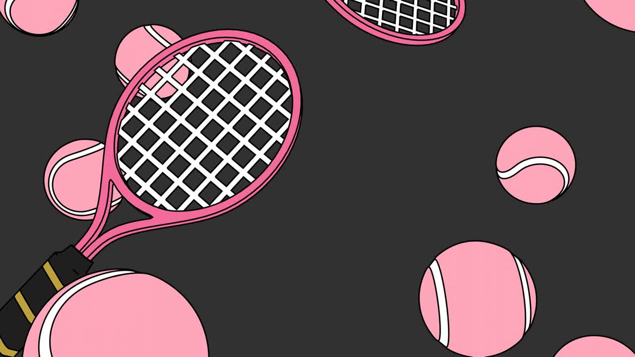 bolas de tenis rosadas y raquetas de tenis en fondo gris.
