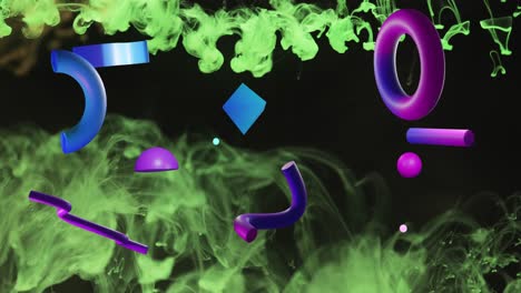 Animation of moving shapes and clouds on black background