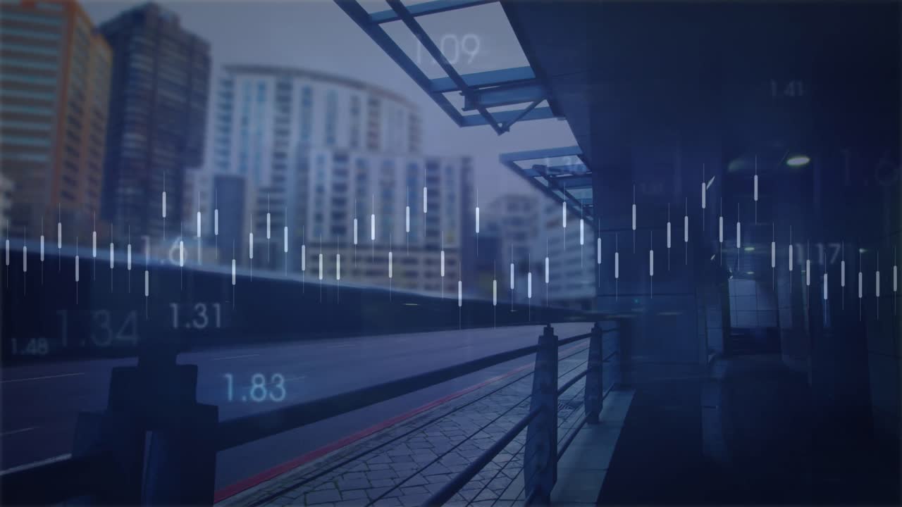 도시 풍경 위의 금융 데이터 처리 애니메이션