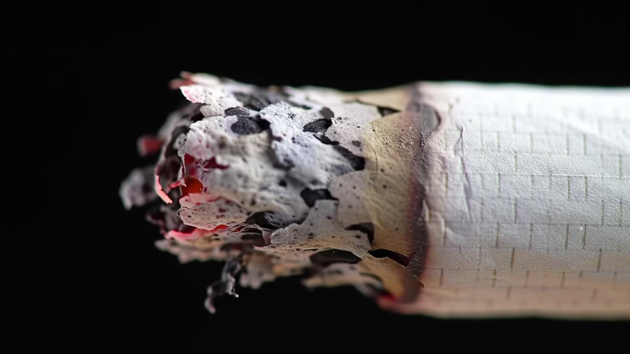 The close-up view captures a burning cigarette with smoke rising against a dark background, showcasing the intricate details of the ash, and the process of combustion and chemical release.