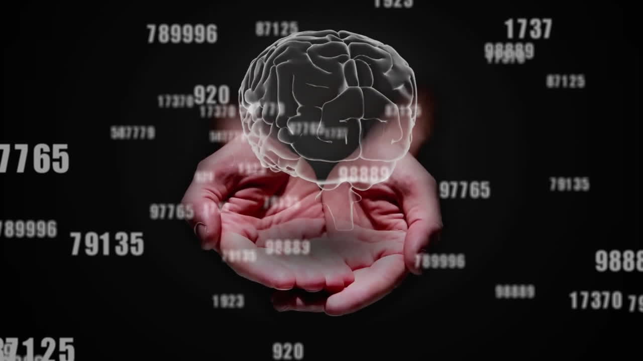 검은색 배경에 디지털 뇌를 들고 있는 손 위의 데이터 처리의 애니메이션