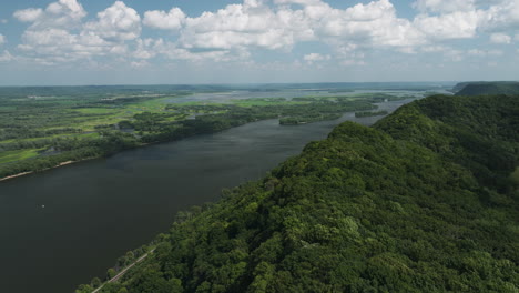 aerial view of great river bluffs state park on the mississippi river in winona, minnesota, united states
